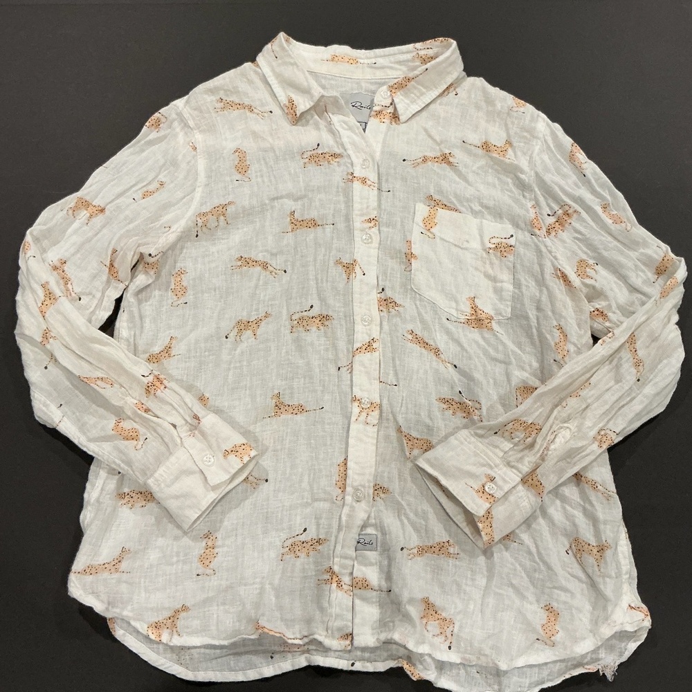 Rails White Linen Button Down Shirt Cheetah Print Size Medium Lightweight Blouse